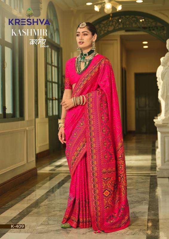 KRESHVA PRESENTS KASHMIR VOL-1 BANARASI SILK WEAVING DESIGN TRENDY SAREES CATALOG WHOLESALER AND EXPORTER 