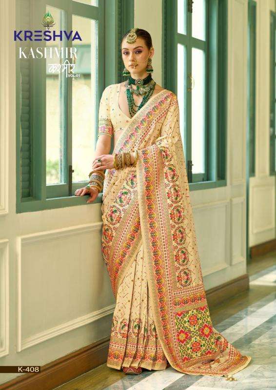 KRESHVA PRESENTS KASHMIR VOL-1 BANARASI SILK WEAVING DESIGN TRENDY SAREES CATALOG WHOLESALER AND EXPORTER 