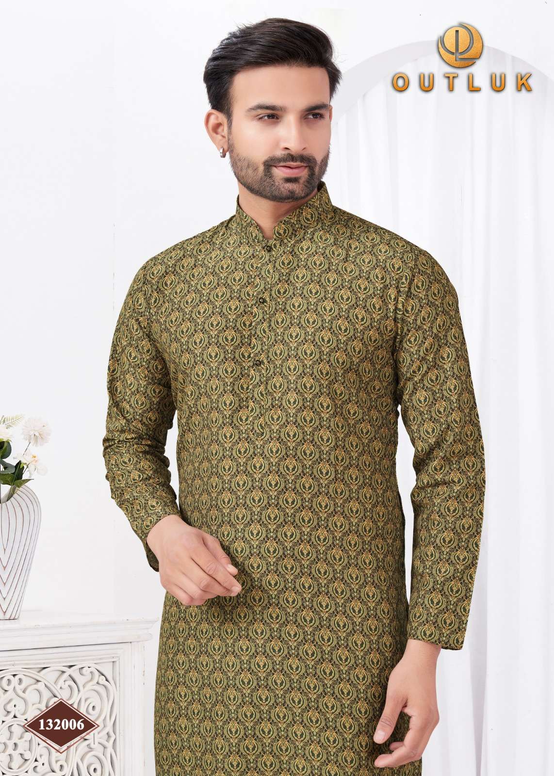 OUTLUK PRESENTS WEDDING COLLECTION VOL-132 READYMADE RAYON COTTON DIGITAL MENS KURTA PAJAMA CATALOG WHOLESALER AND EXPORTER 