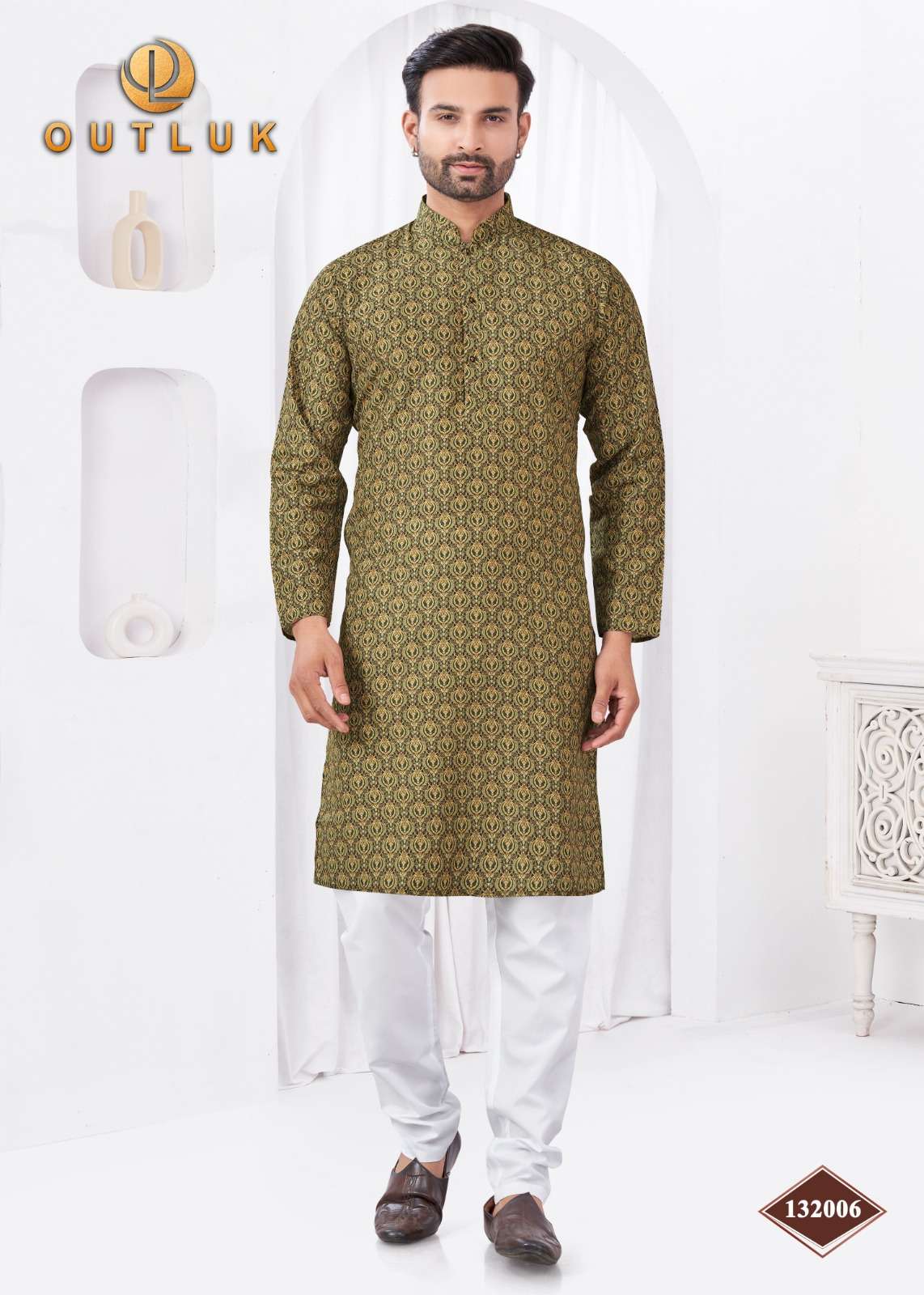 OUTLUK PRESENTS WEDDING COLLECTION VOL-132 READYMADE RAYON COTTON DIGITAL MENS KURTA PAJAMA CATALOG WHOLESALER AND EXPORTER 