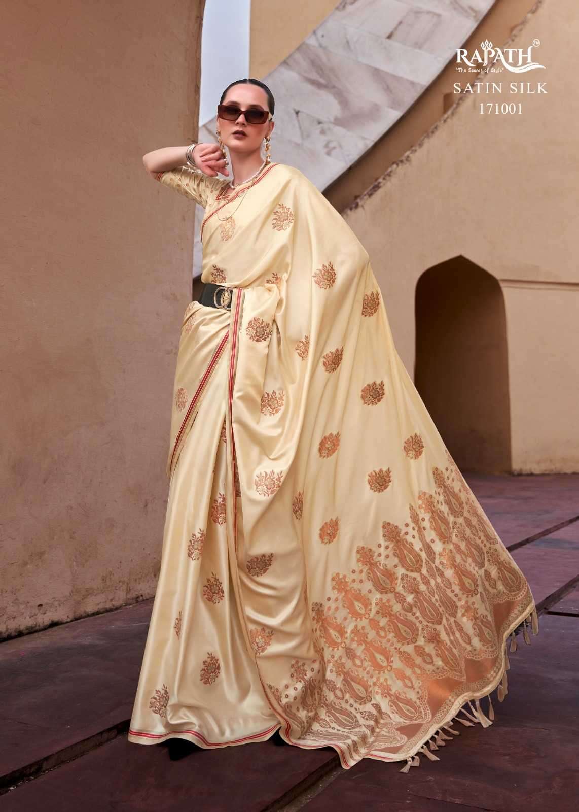 RAJPATH PRESENTS TATHASTU 171001-171006 SERIES PURE SATIN SILK COPPER ZARI WEAVING SAREES CATALOG WHOLESALER AND EXPORTER 