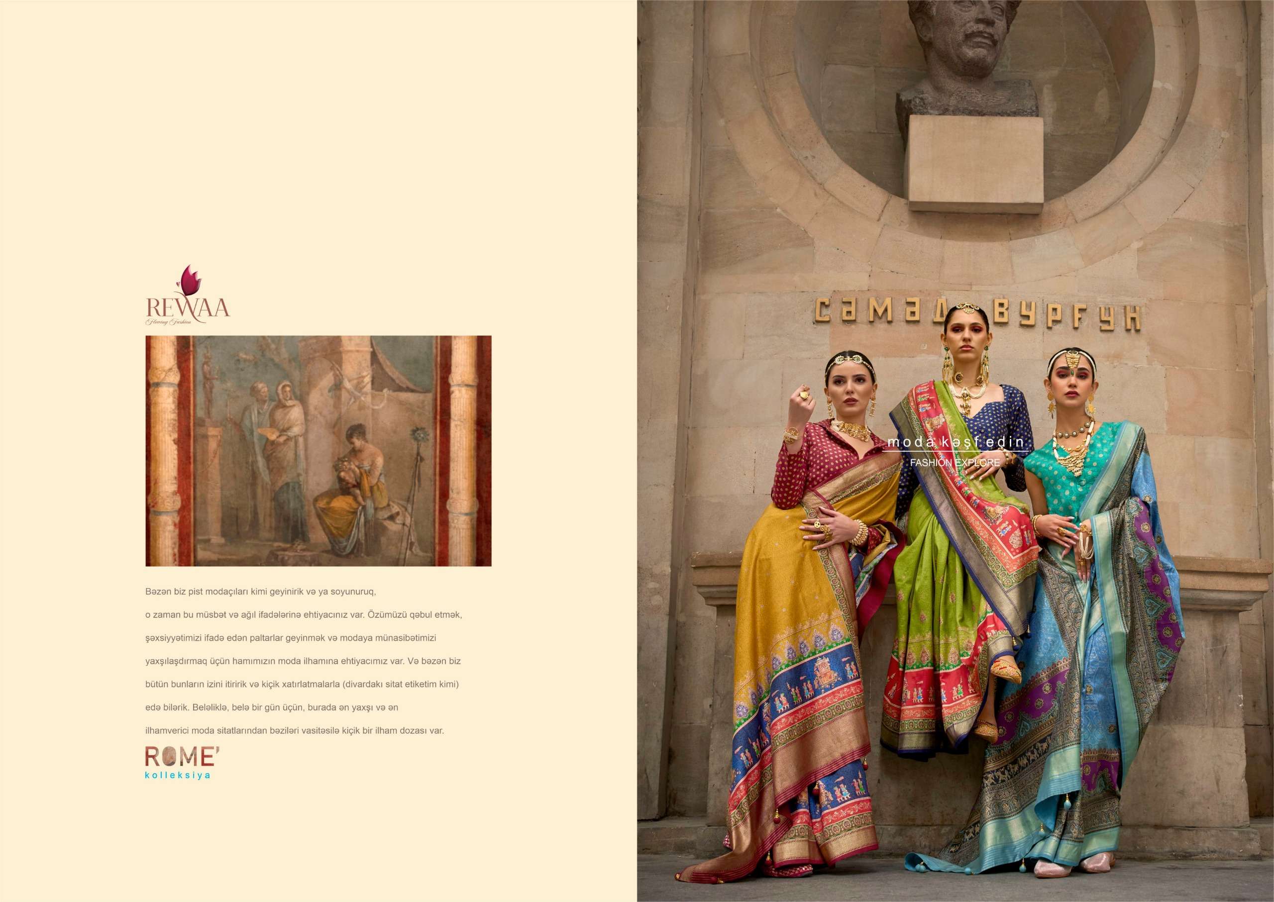 REWAA PRESENT ROME DESIGNER DIGITAL PRINT WITH WORK FESTIVE WEAR SAREES CATALOG WHOLESALER AND EXPORTER IN SURAT 