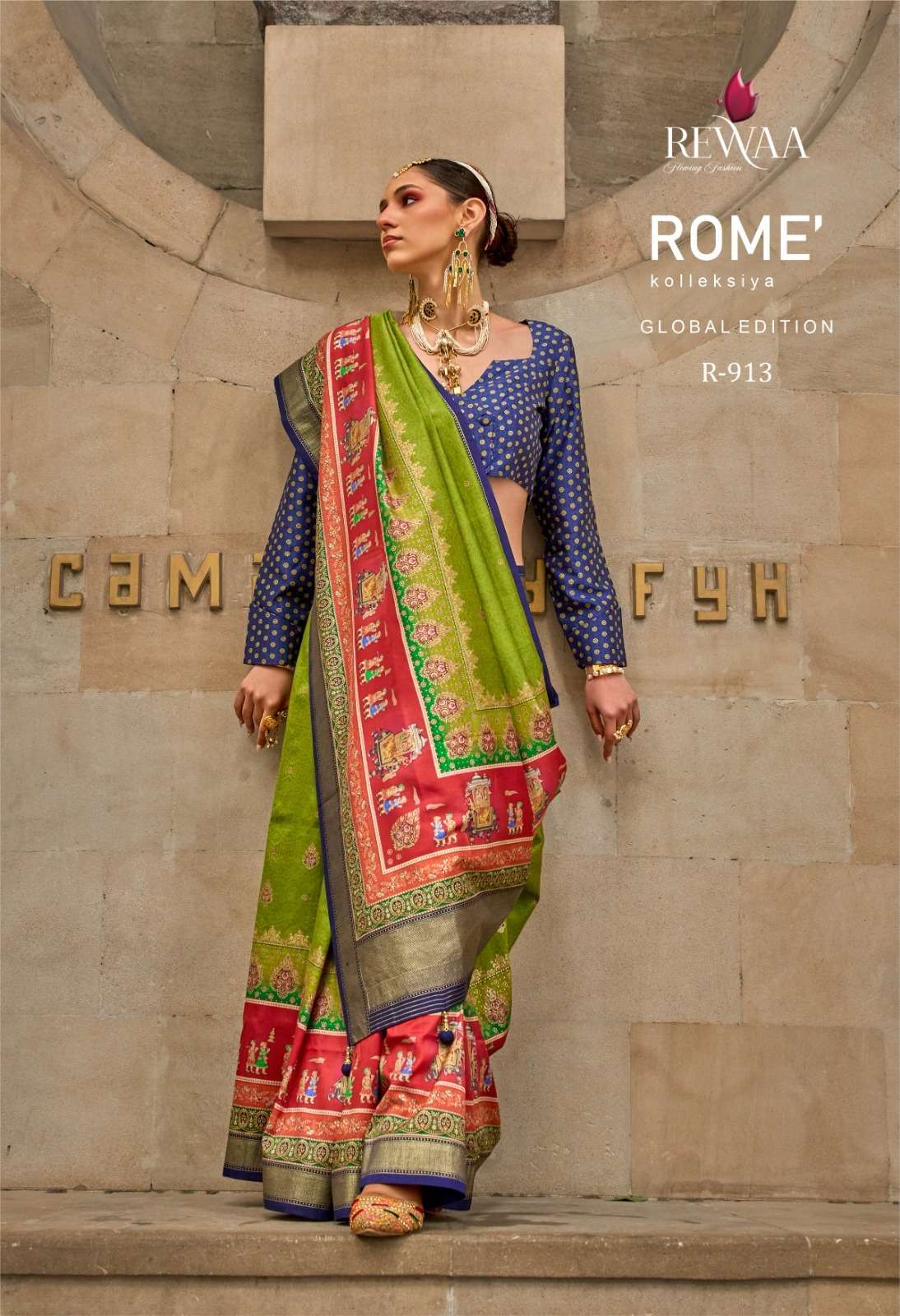 REWAA PRESENT ROME DESIGNER DIGITAL PRINT WITH WORK FESTIVE WEAR SAREES CATALOG WHOLESALER AND EXPORTER IN SURAT 