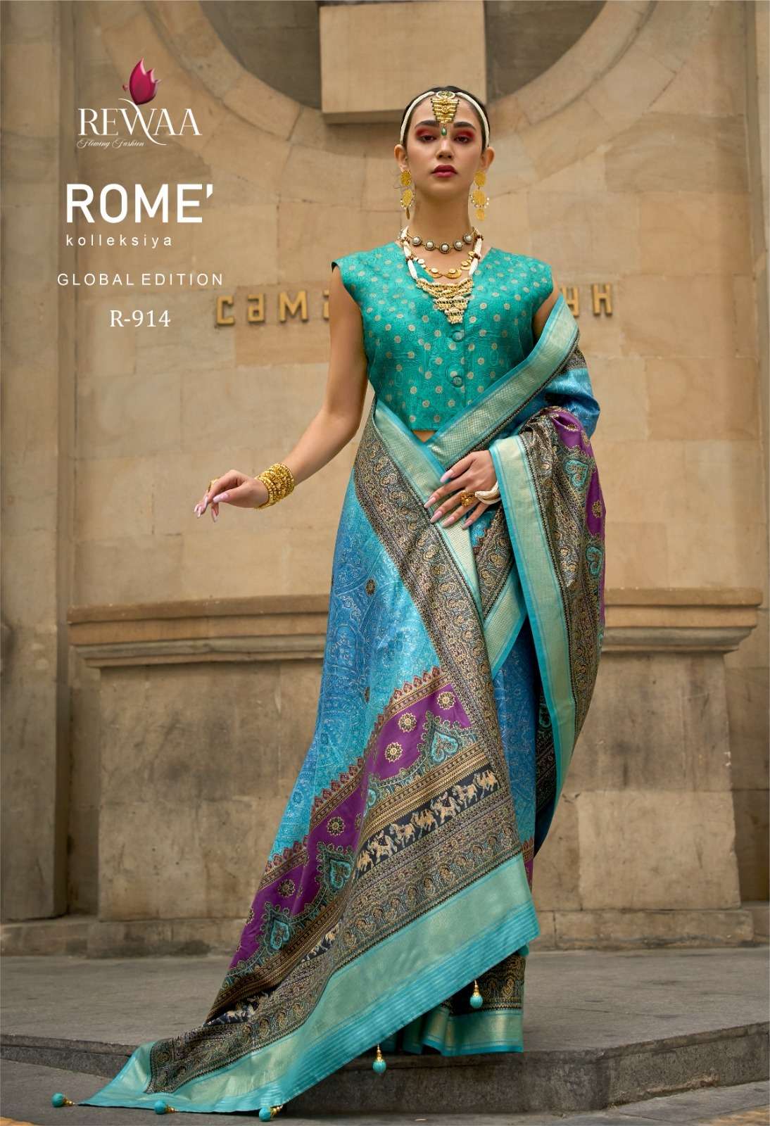 REWAA PRESENT ROME DESIGNER DIGITAL PRINT WITH WORK FESTIVE WEAR SAREES CATALOG WHOLESALER AND EXPORTER IN SURAT 