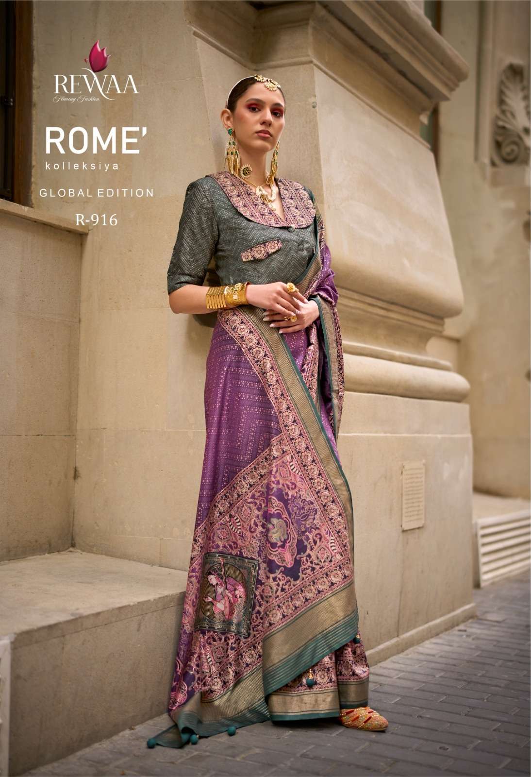REWAA PRESENT ROME DESIGNER DIGITAL PRINT WITH WORK FESTIVE WEAR SAREES CATALOG WHOLESALER AND EXPORTER IN SURAT 