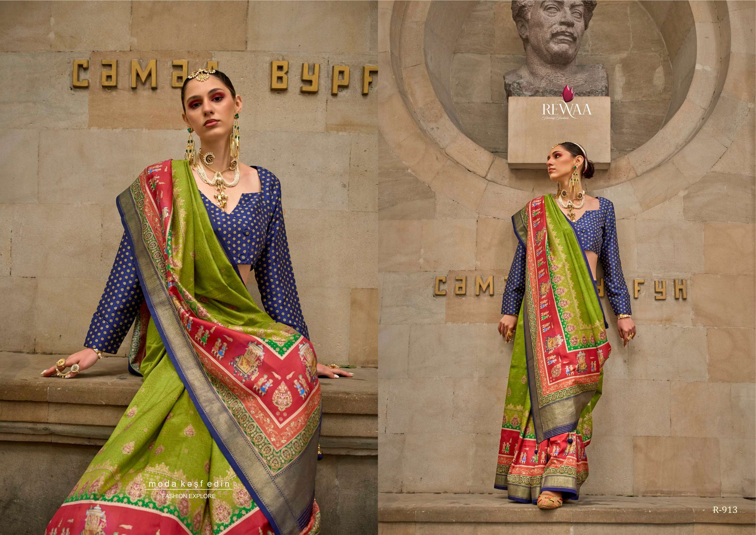 REWAA PRESENT ROME DESIGNER DIGITAL PRINT WITH WORK FESTIVE WEAR SAREES CATALOG WHOLESALER AND EXPORTER IN SURAT 