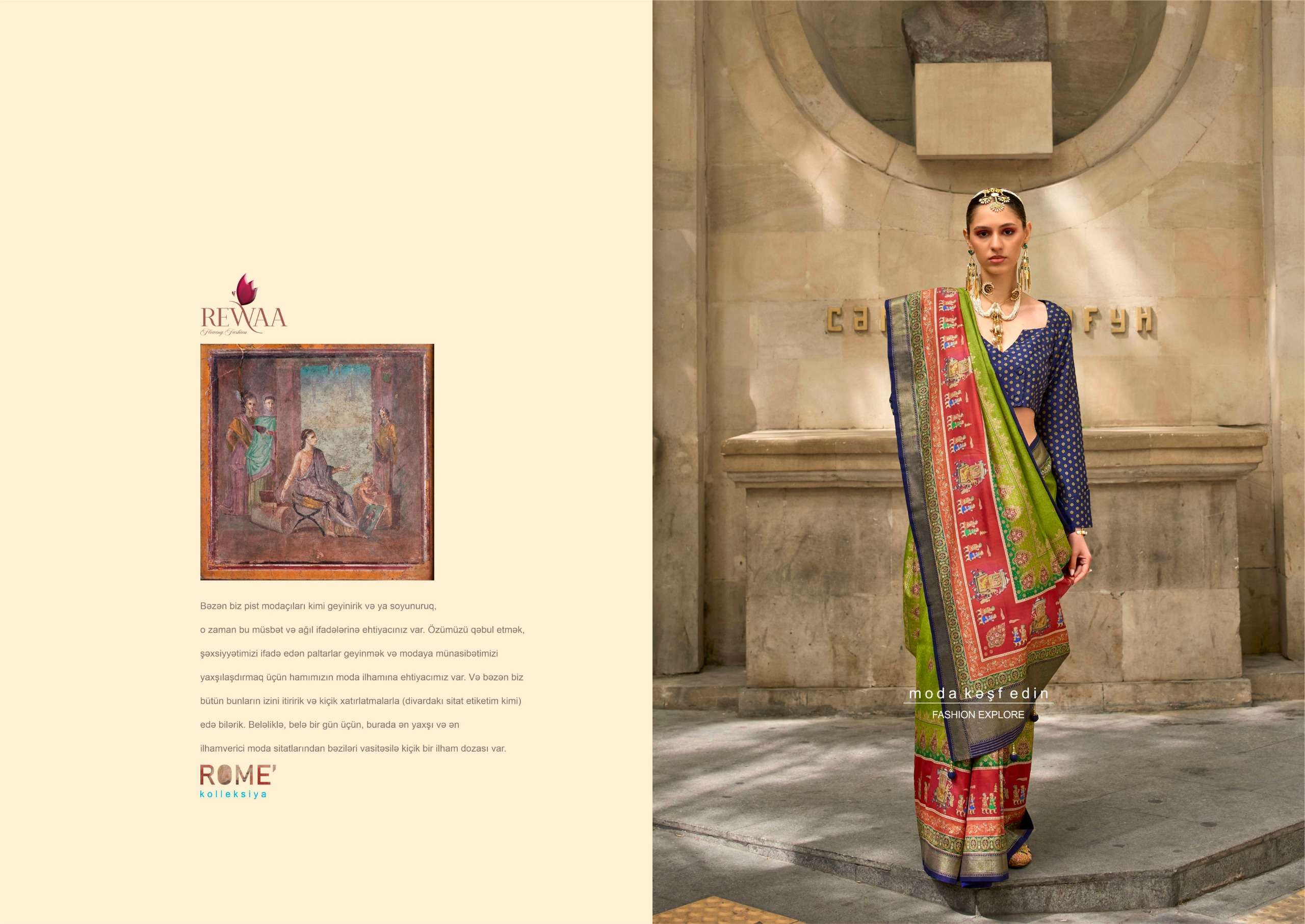 REWAA PRESENT ROME DESIGNER DIGITAL PRINT WITH WORK FESTIVE WEAR SAREES CATALOG WHOLESALER AND EXPORTER IN SURAT 