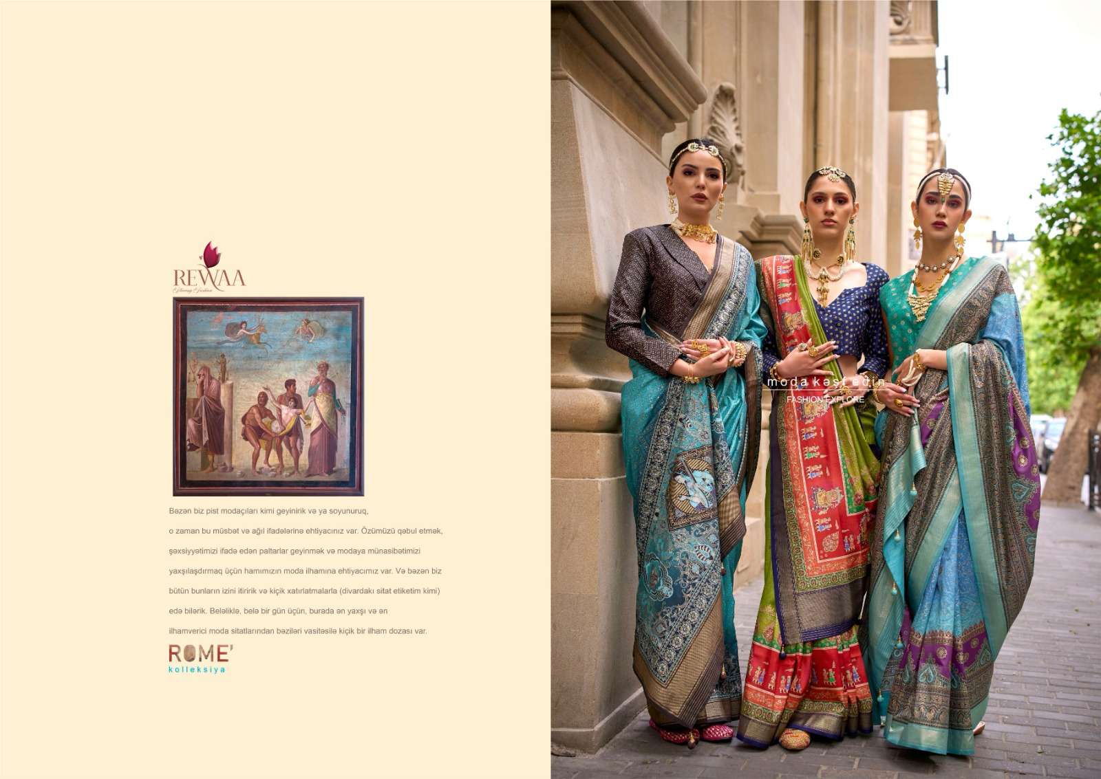 REWAA PRESENT ROME DESIGNER DIGITAL PRINT WITH WORK FESTIVE WEAR SAREES CATALOG WHOLESALER AND EXPORTER IN SURAT 