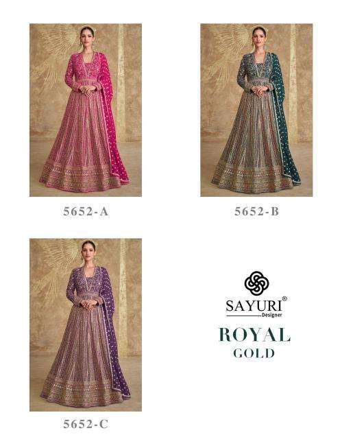 SAYURI DESIGNER PRESENTS ROYAL GOLD FREE SIZE STITCH GEORGETTE HEAVY DESIGNER GOWN CATALOG WHOLESALER AND EXPORTER 
