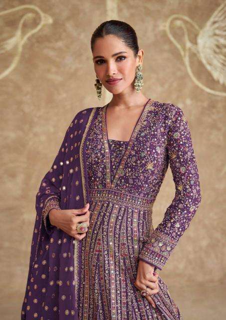 SAYURI DESIGNER PRESENTS ROYAL GOLD FREE SIZE STITCH GEORGETTE HEAVY DESIGNER GOWN CATALOG WHOLESALER AND EXPORTER 