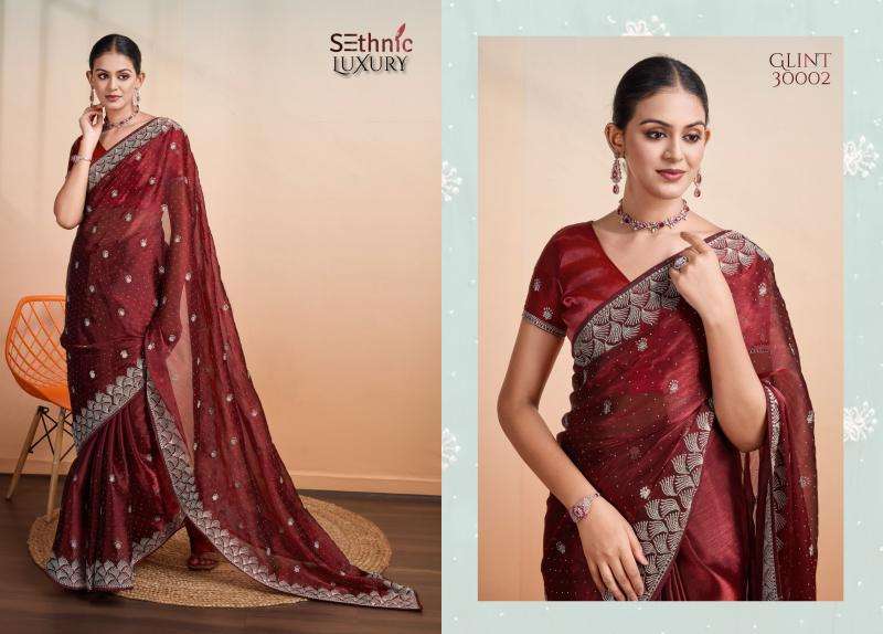 SETHNIC LIFESTYLE PRESENTS GLINT GALA 30001-30004 SERIES BLOOMING BURBERRY PARTY WEAR SAREES CATALOG WHOLESALER AND EXPORTER 