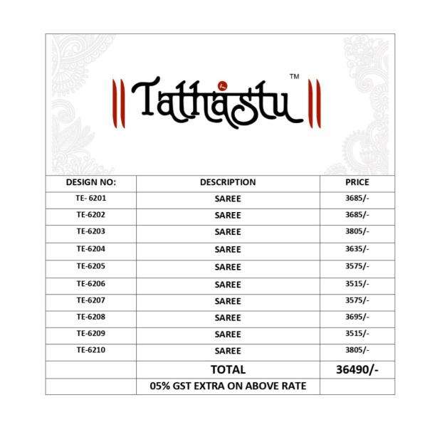 TATHASTU PRESENTS ANAARA 6201-6219 FANCY TISSUE SILK WITH EMBROIDERY WORK SAREES CATALOG WHOLESALER AND EXPORTER 
