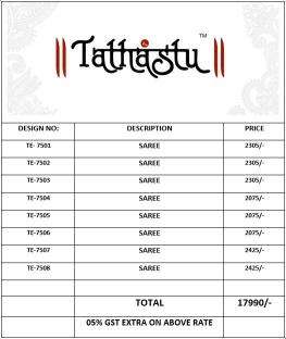 TATHASTU PRESENTS ANAARA 7501- 7508 BEAUTIFUL SILK ZARI WEAVING PARTY WEAR WOMEN SAREES CATALOG WHOLESALER AND EXPORTER IN SURAT