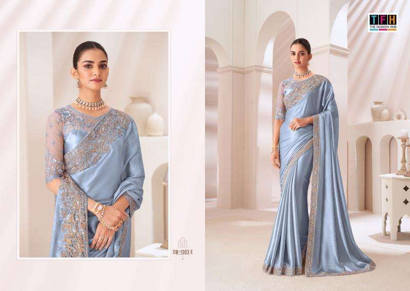 TFH PRESENTS SANDAL WOOD 1303 SATIN CHIFFON PARTY WEAR SAREES CATALOG WHOLESALER AND EXPORTER 