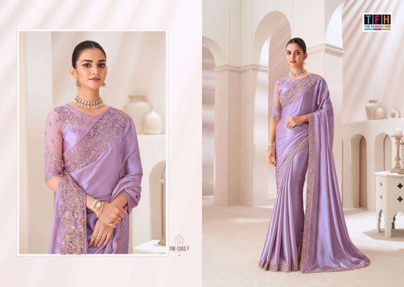 TFH PRESENTS SANDAL WOOD 1303 SATIN CHIFFON PARTY WEAR SAREES CATALOG WHOLESALER AND EXPORTER 
