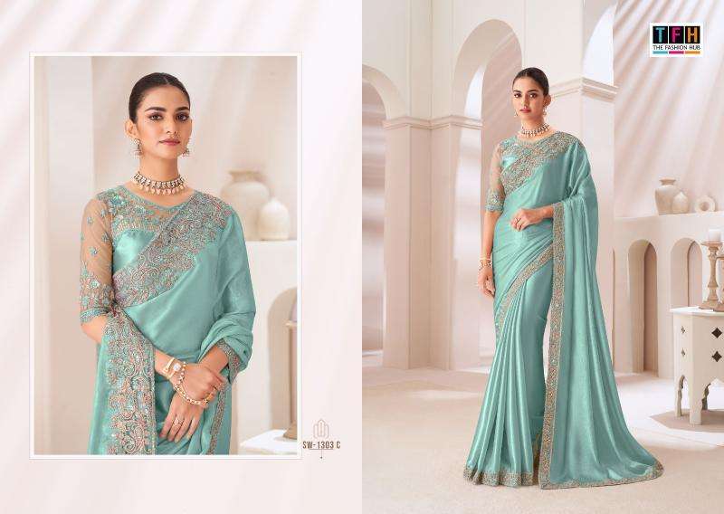 TFH PRESENTS SANDAL WOOD 1303 SATIN CHIFFON PARTY WEAR SAREES CATALOG WHOLESALER AND EXPORTER 