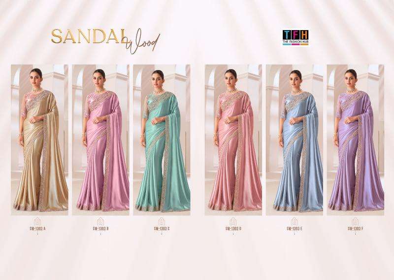 TFH PRESENTS SANDAL WOOD 1303 SATIN CHIFFON PARTY WEAR SAREES CATALOG WHOLESALER AND EXPORTER 