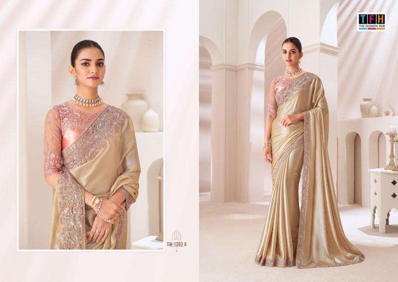 TFH PRESENTS SANDAL WOOD 1303 SATIN CHIFFON PARTY WEAR SAREES CATALOG WHOLESALER AND EXPORTER 