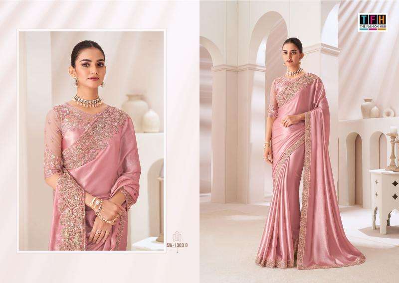 TFH PRESENTS SANDAL WOOD 1303 SATIN CHIFFON PARTY WEAR SAREES CATALOG WHOLESALER AND EXPORTER 