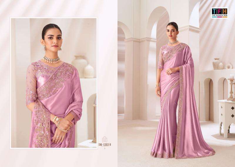TFH PRESENTS SANDAL WOOD 1303 SATIN CHIFFON PARTY WEAR SAREES CATALOG WHOLESALER AND EXPORTER 