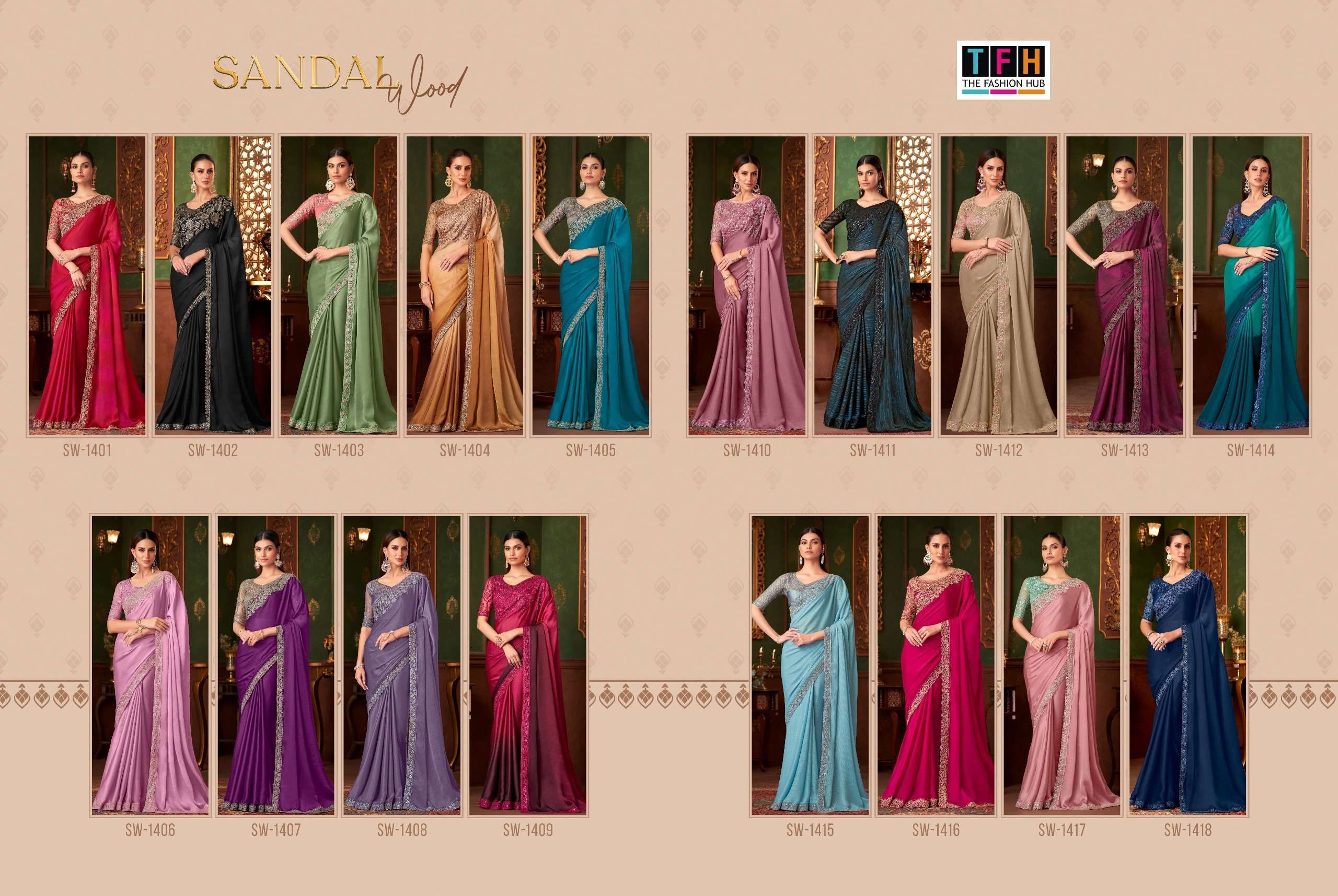 TFH PRESENTS SANDALWOOD VOL-14 FANCY DESIGNER WORK SAREE CATALOG WHOLESALER AND EXPORTER IN SURAT 