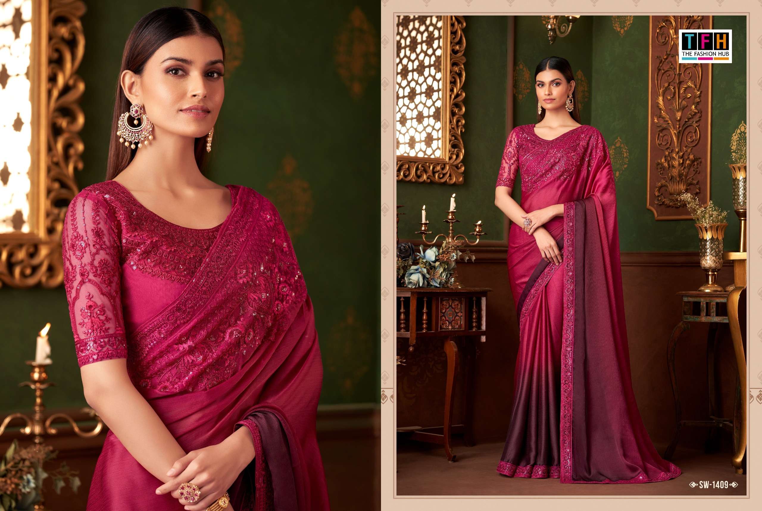 TFH PRESENTS SANDALWOOD VOL-14 FANCY DESIGNER WORK SAREE CATALOG WHOLESALER AND EXPORTER IN SURAT 
