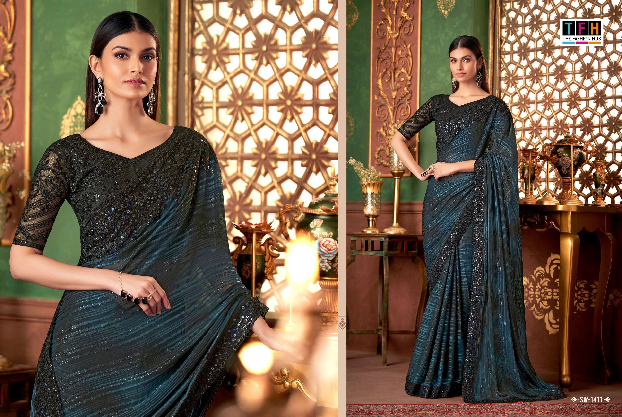 TFH PRESENTS SANDALWOOD VOL-14 FANCY DESIGNER WORK SAREE CATALOG WHOLESALER AND EXPORTER IN SURAT 