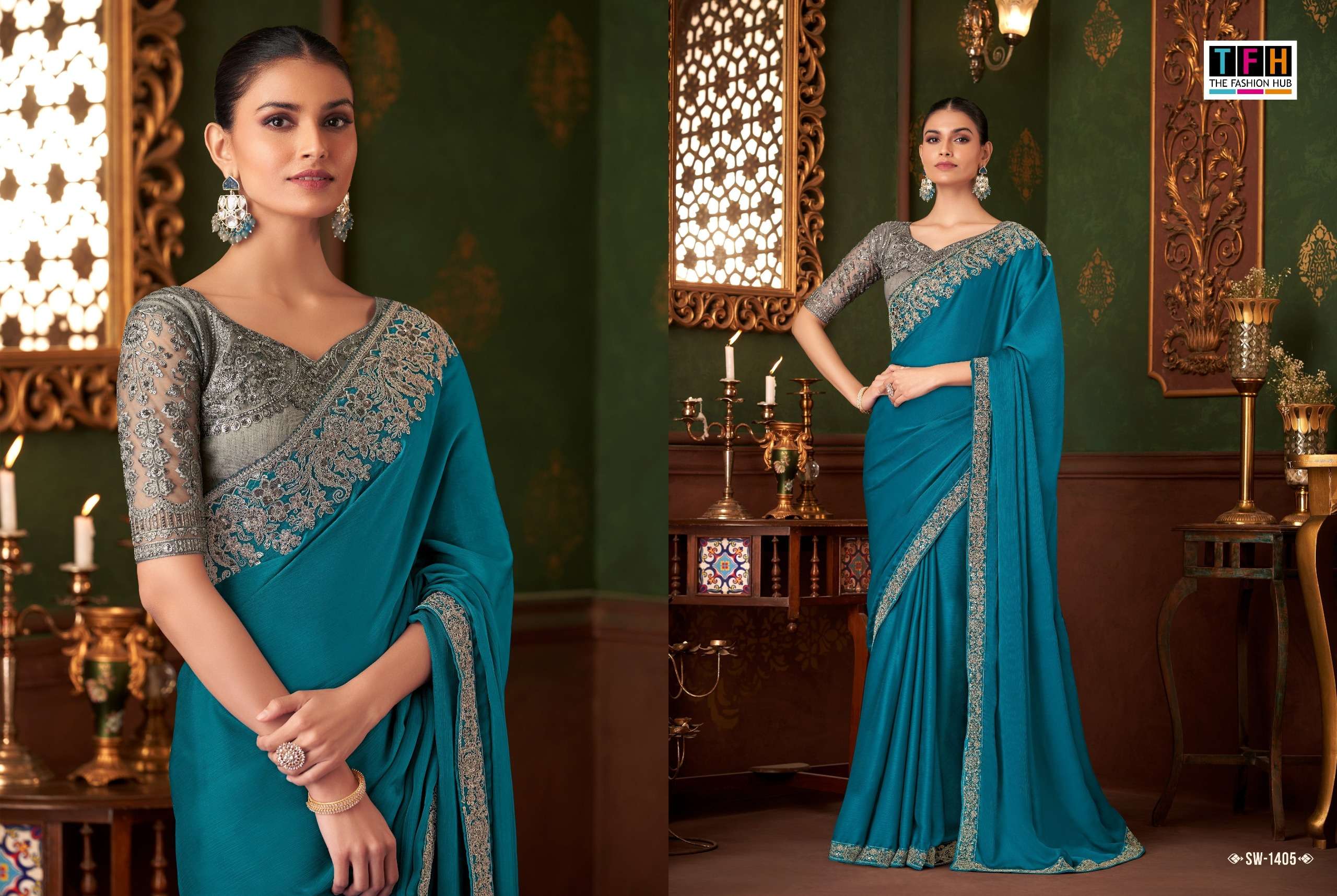 TFH PRESENTS SANDALWOOD VOL-14 FANCY DESIGNER WORK SAREE CATALOG WHOLESALER AND EXPORTER IN SURAT 