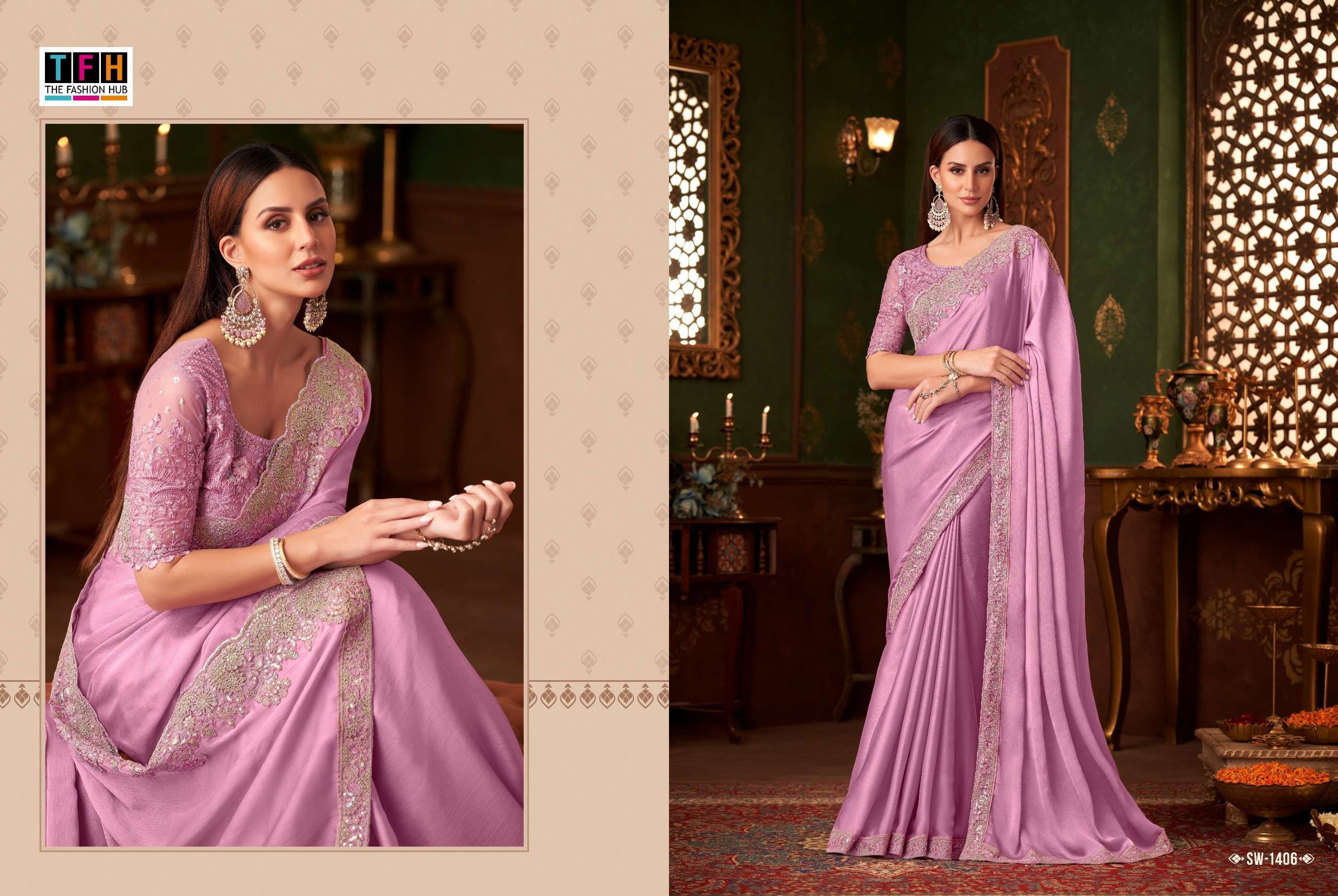TFH PRESENTS SANDALWOOD VOL-14 FANCY DESIGNER WORK SAREE CATALOG WHOLESALER AND EXPORTER IN SURAT 