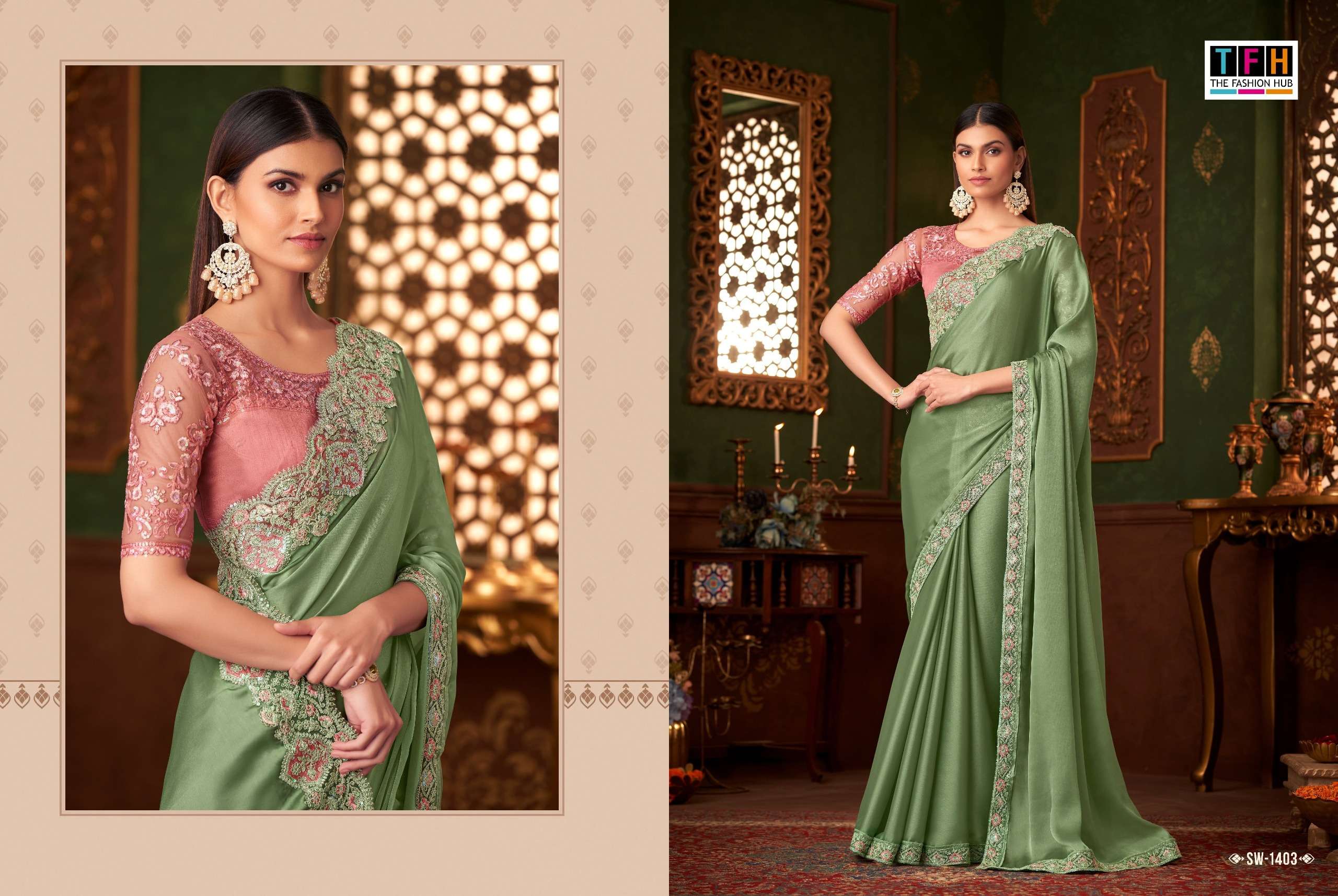 TFH PRESENTS SANDALWOOD VOL-14 FANCY DESIGNER WORK SAREE CATALOG WHOLESALER AND EXPORTER IN SURAT 