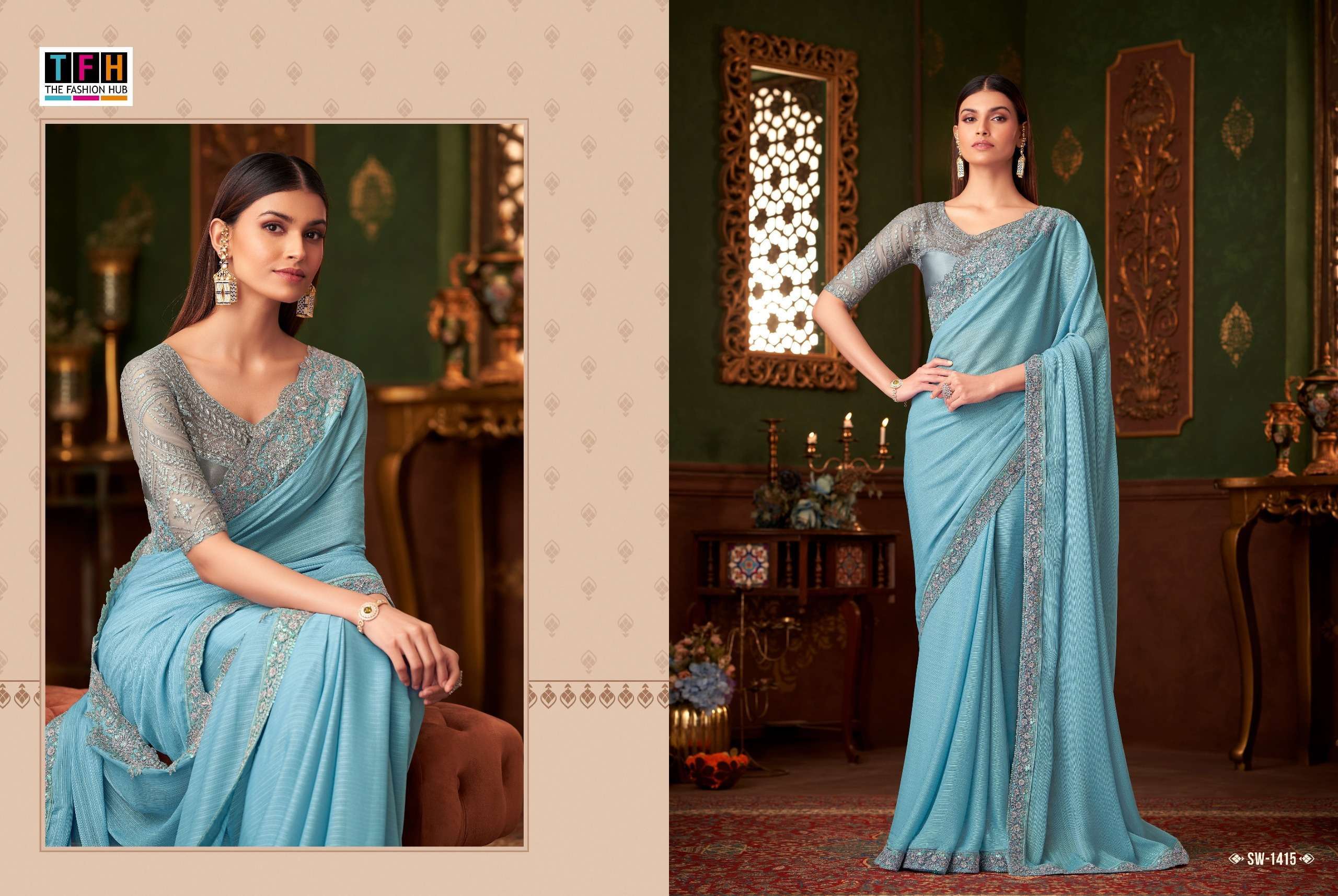 TFH PRESENTS SANDALWOOD VOL-14 FANCY DESIGNER WORK SAREE CATALOG WHOLESALER AND EXPORTER IN SURAT 