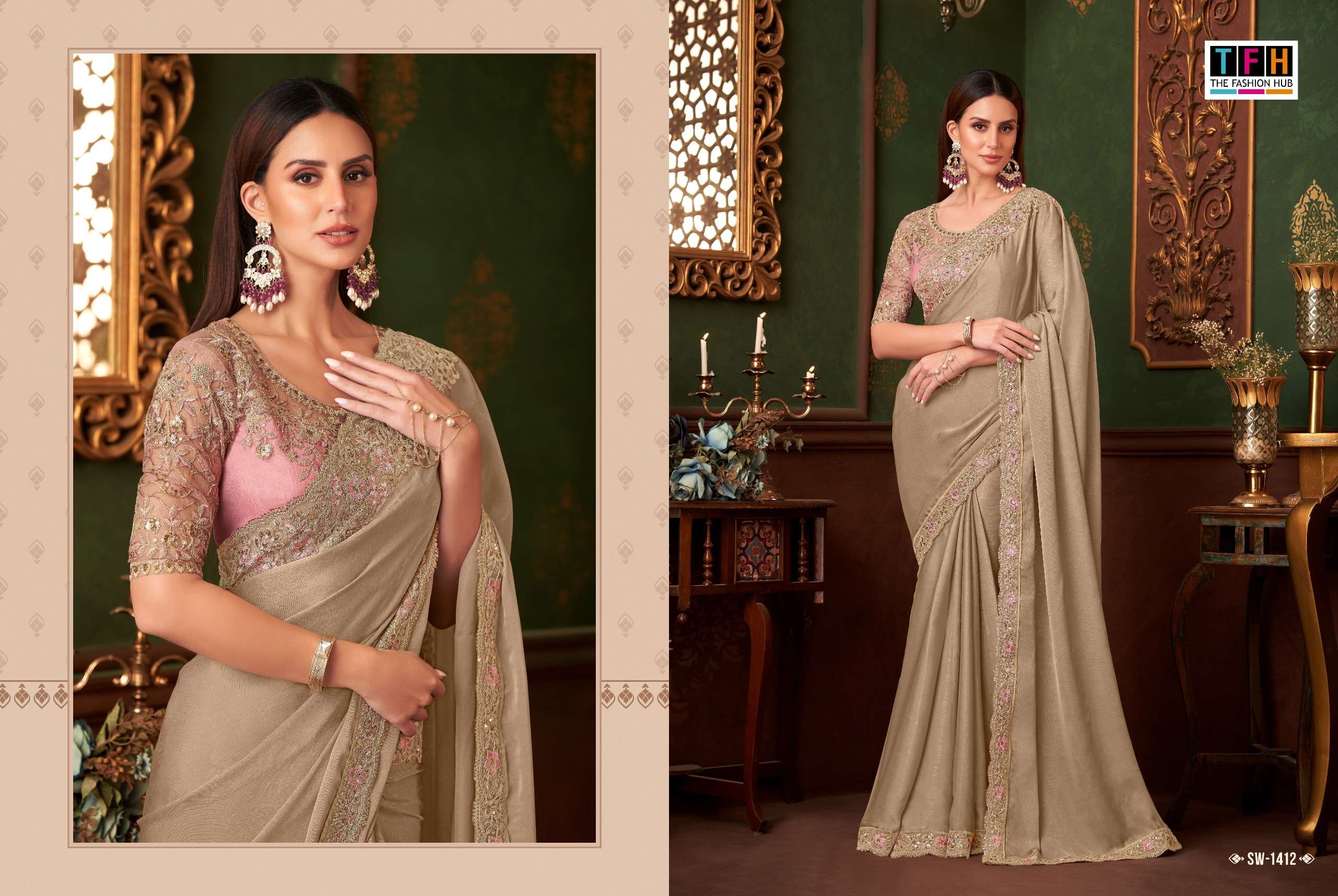 TFH PRESENTS SANDALWOOD VOL-14 FANCY DESIGNER WORK SAREE CATALOG WHOLESALER AND EXPORTER IN SURAT 