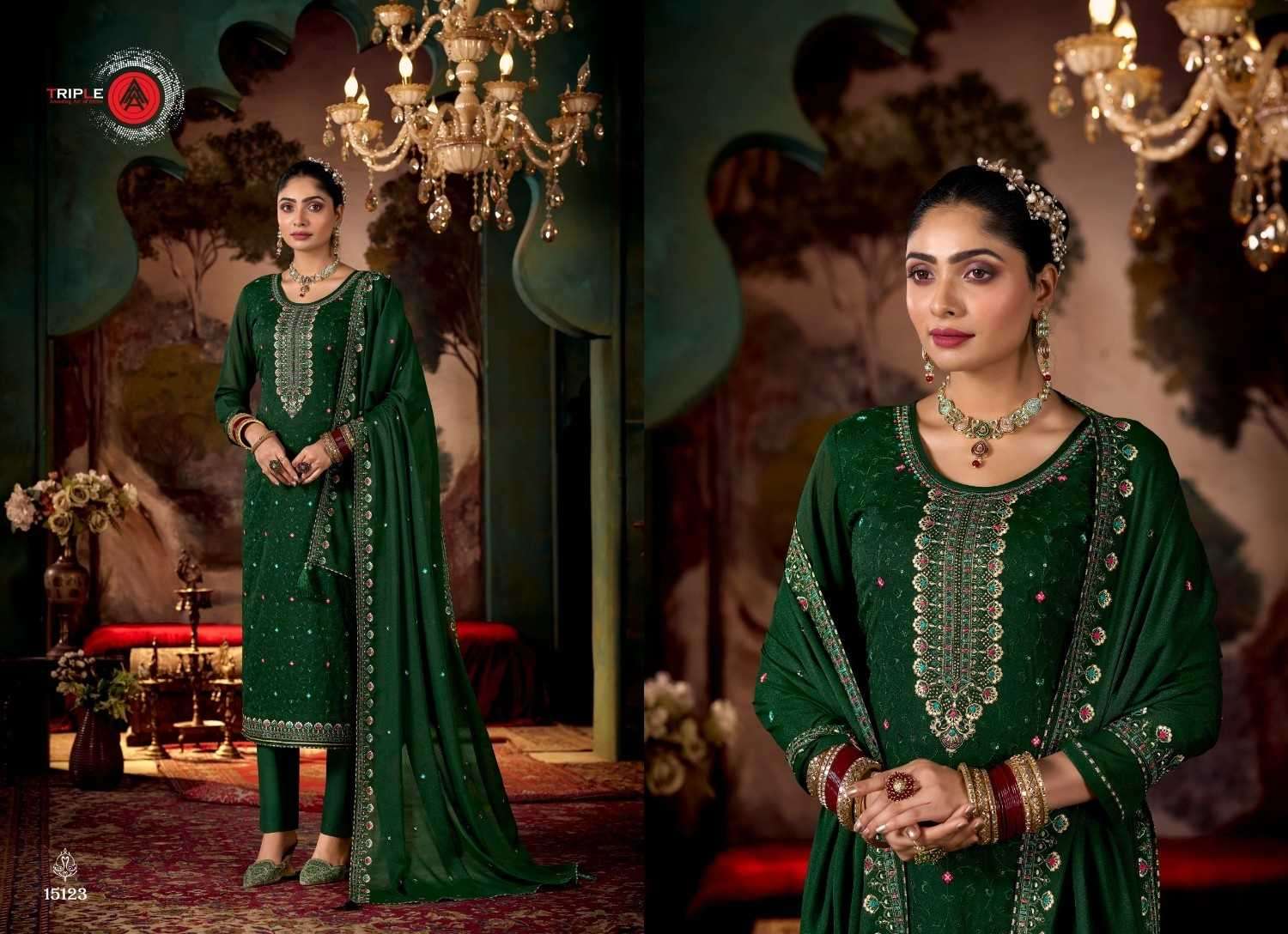 TRIPLE A PRESENTS RIHA GEORGETTE SEQUENCE WORK TRENDY LADIES SALWAR SUITS CATALOG WHOLESALER AND EXPORTER 