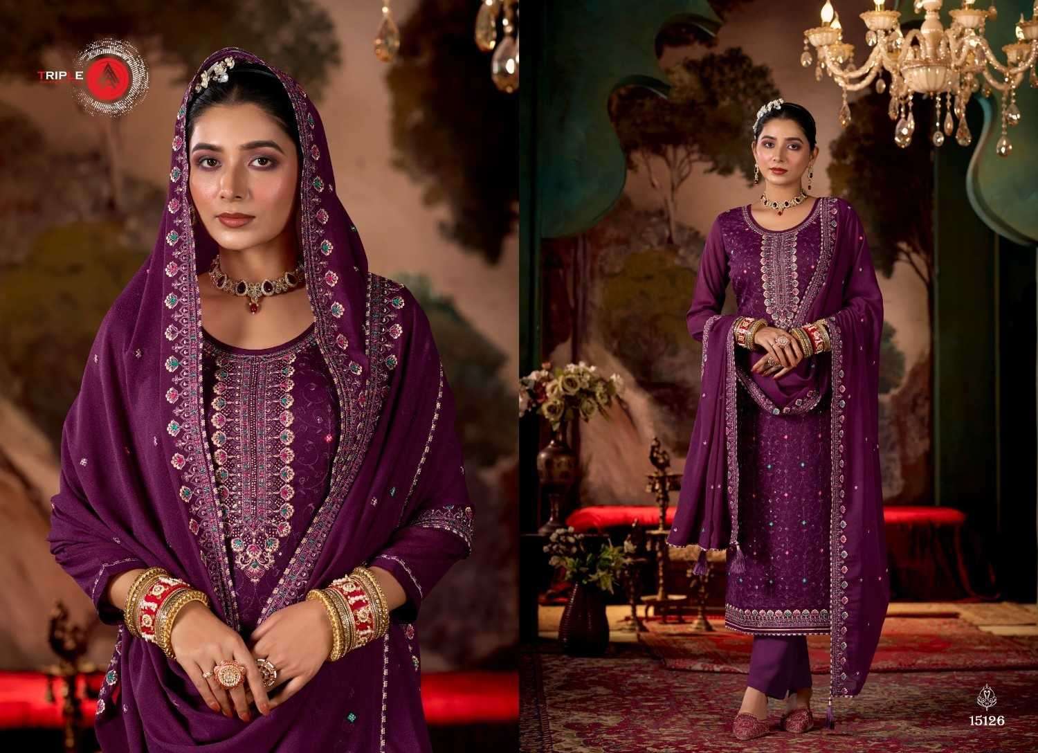 TRIPLE A PRESENTS RIHA GEORGETTE SEQUENCE WORK TRENDY LADIES SALWAR SUITS CATALOG WHOLESALER AND EXPORTER 