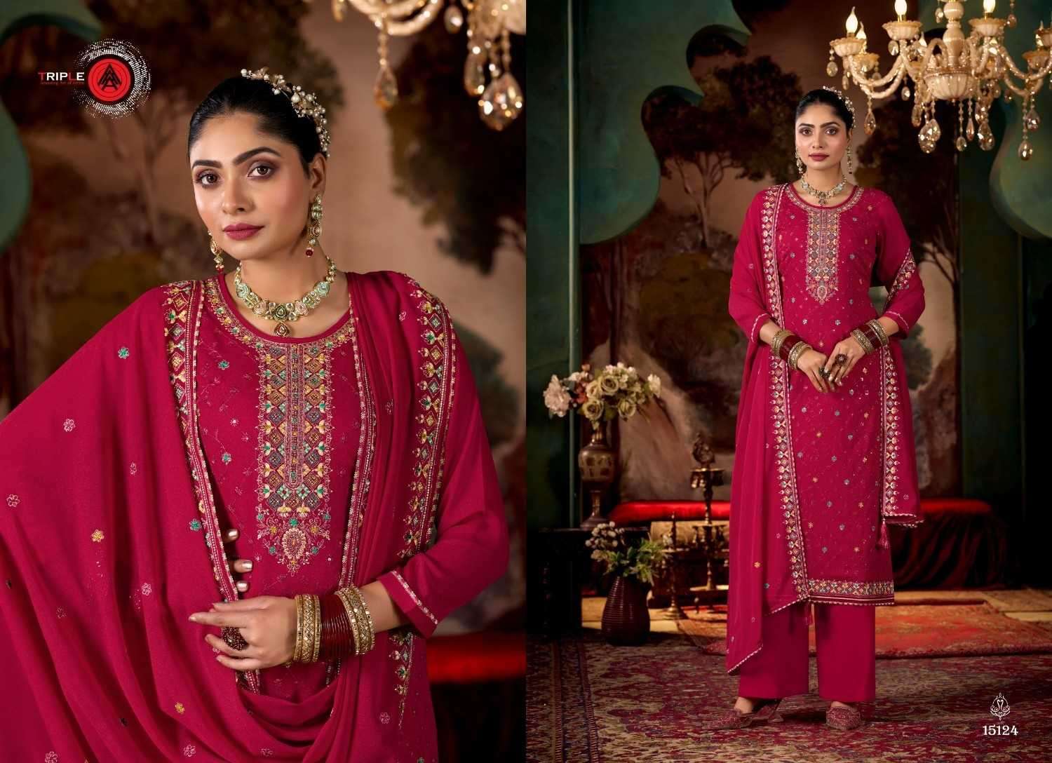 TRIPLE A PRESENTS RIHA GEORGETTE SEQUENCE WORK TRENDY LADIES SALWAR SUITS CATALOG WHOLESALER AND EXPORTER 