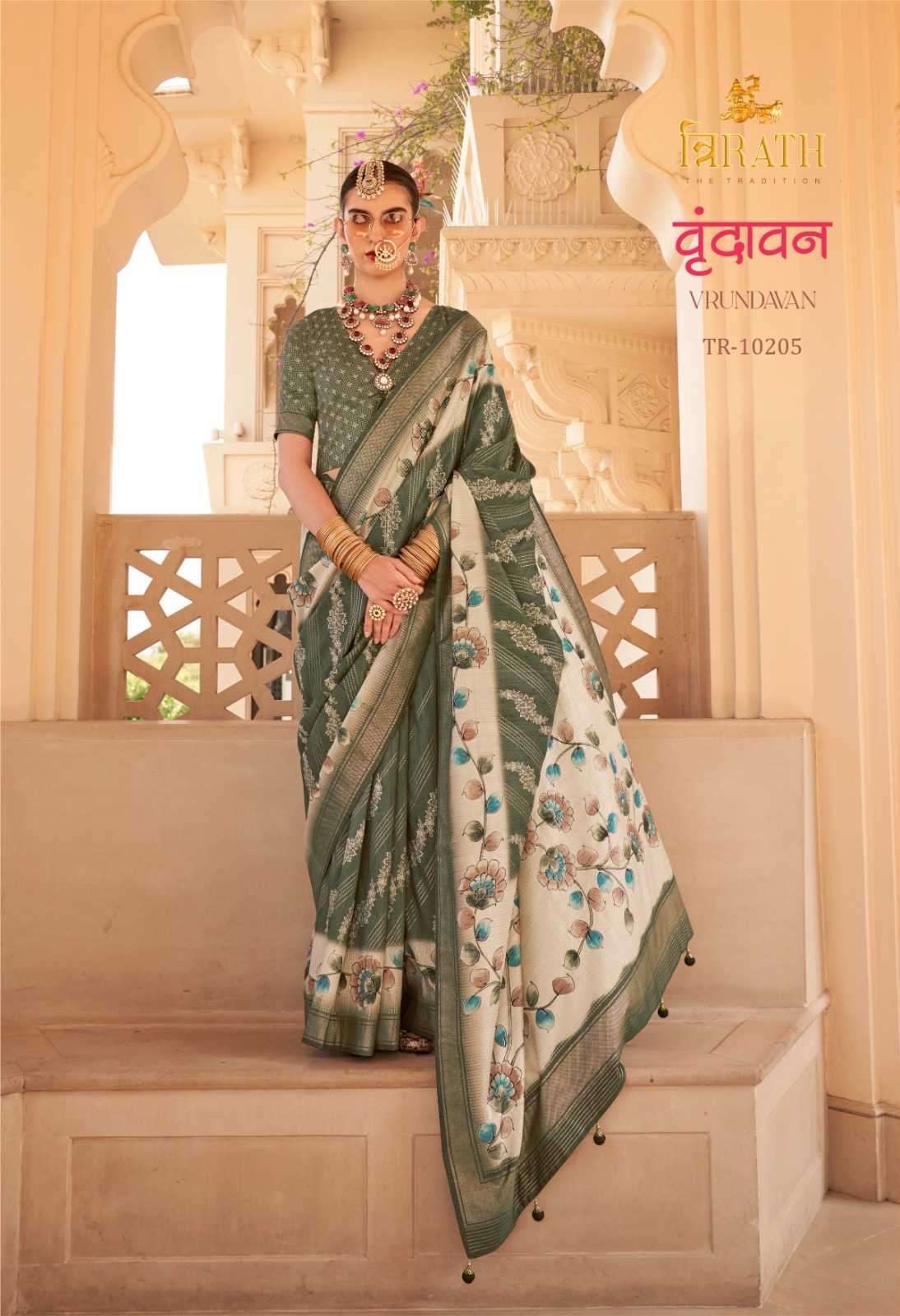 TRIRATH PRESENTS VRUNDAVAN  FLORAL PRINTED 3 COLOUR MATCHING SILK SAREES CATALOG WHOLESALER AND EXPORTER 