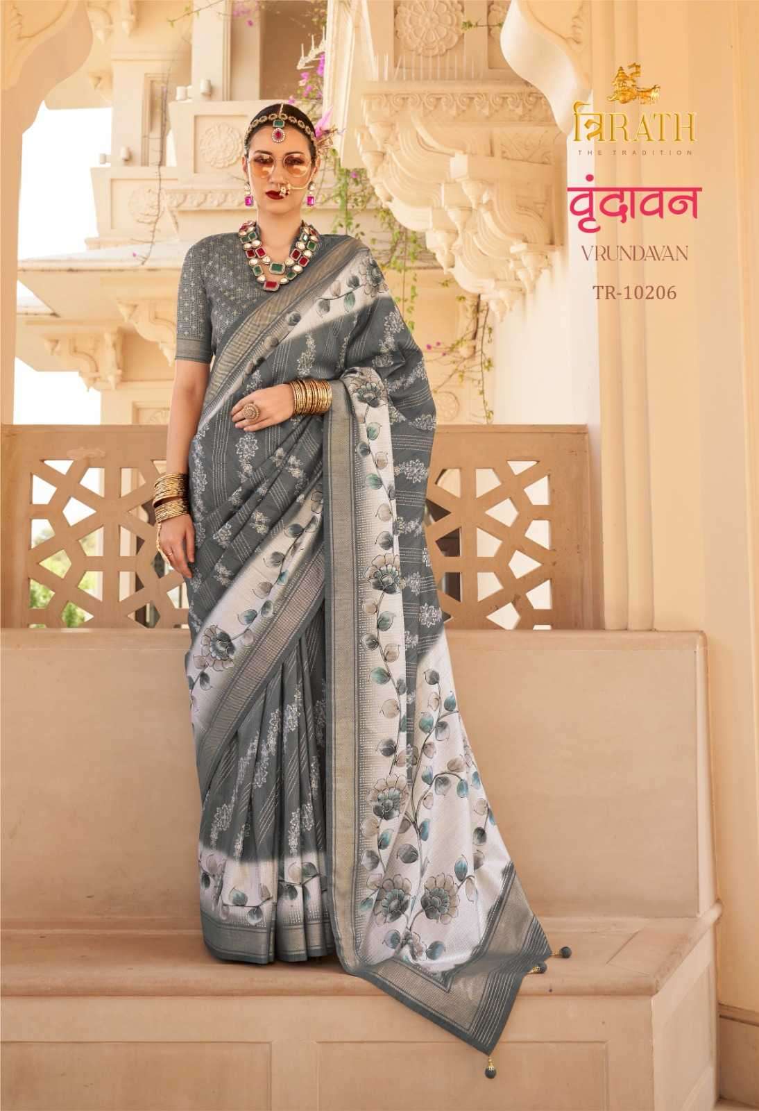 TRIRATH PRESENTS VRUNDAVAN  FLORAL PRINTED 3 COLOUR MATCHING SILK SAREES CATALOG WHOLESALER AND EXPORTER 