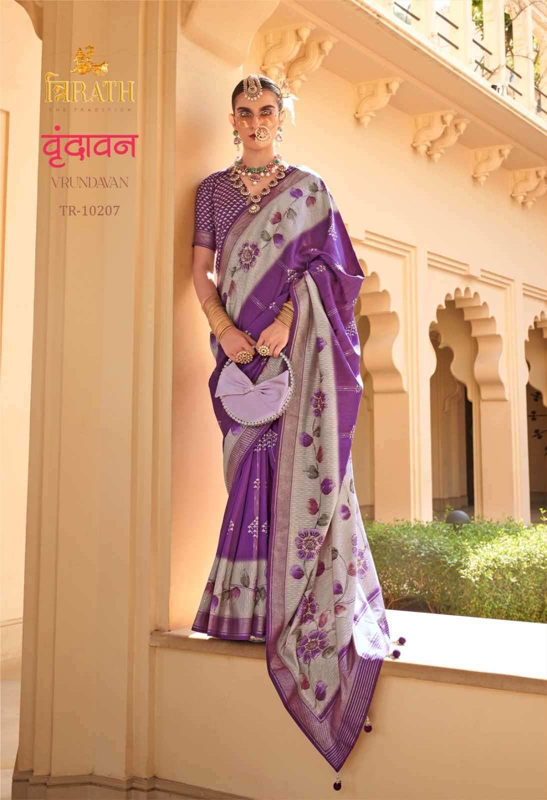 TRIRATH PRESENTS VRUNDAVAN  FLORAL PRINTED 3 COLOUR MATCHING SILK SAREES CATALOG WHOLESALER AND EXPORTER 