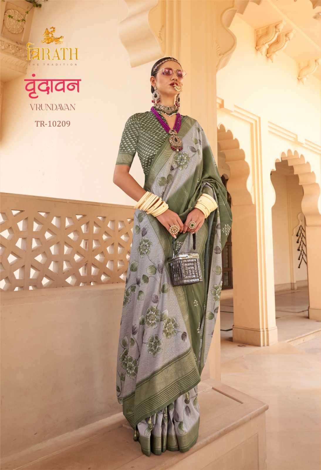 TRIRATH PRESENTS VRUNDAVAN  FLORAL PRINTED 3 COLOUR MATCHING SILK SAREES CATALOG WHOLESALER AND EXPORTER 