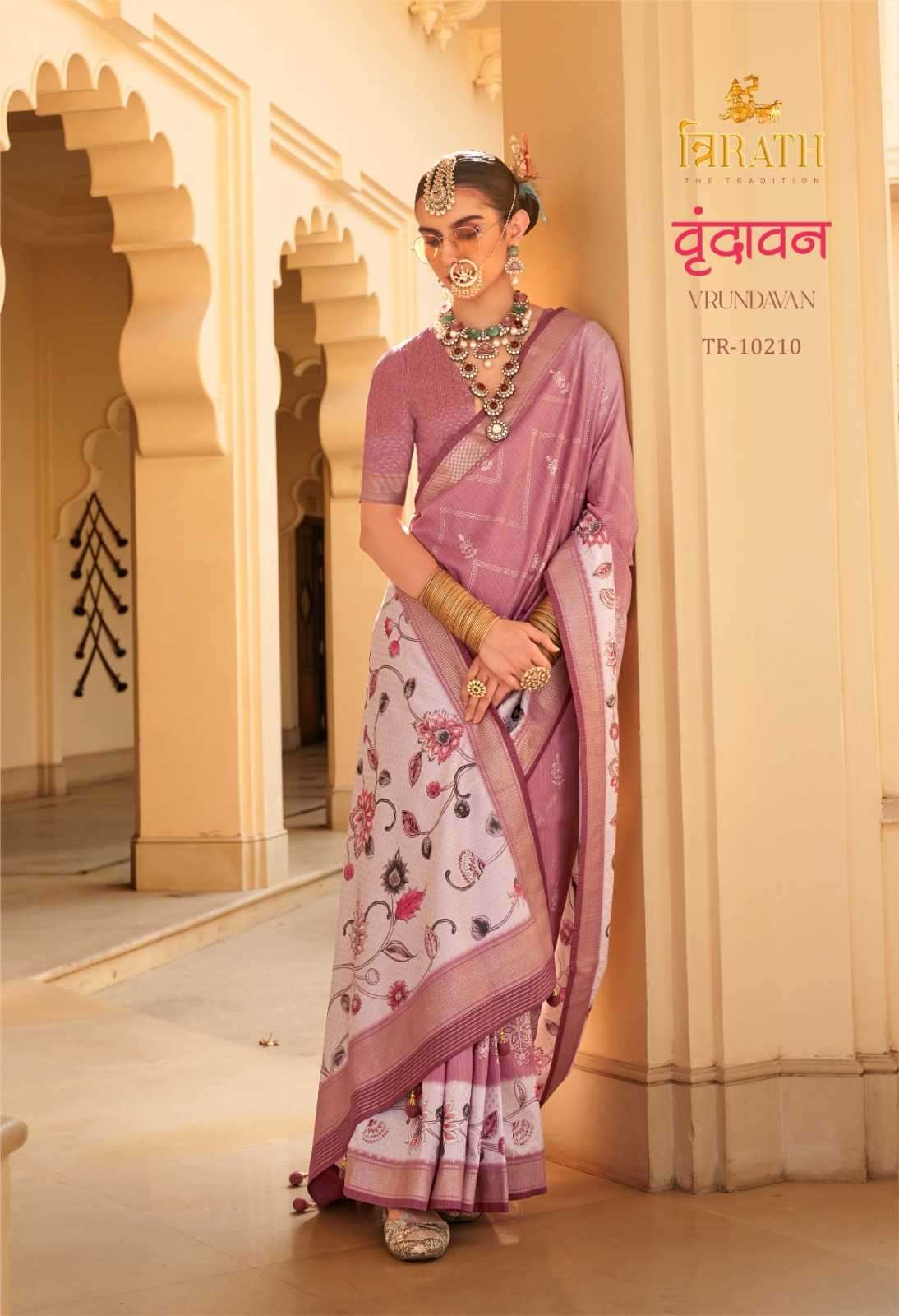 TRIRATH PRESENTS VRUNDAVAN  FLORAL PRINTED 3 COLOUR MATCHING SILK SAREES CATALOG WHOLESALER AND EXPORTER 