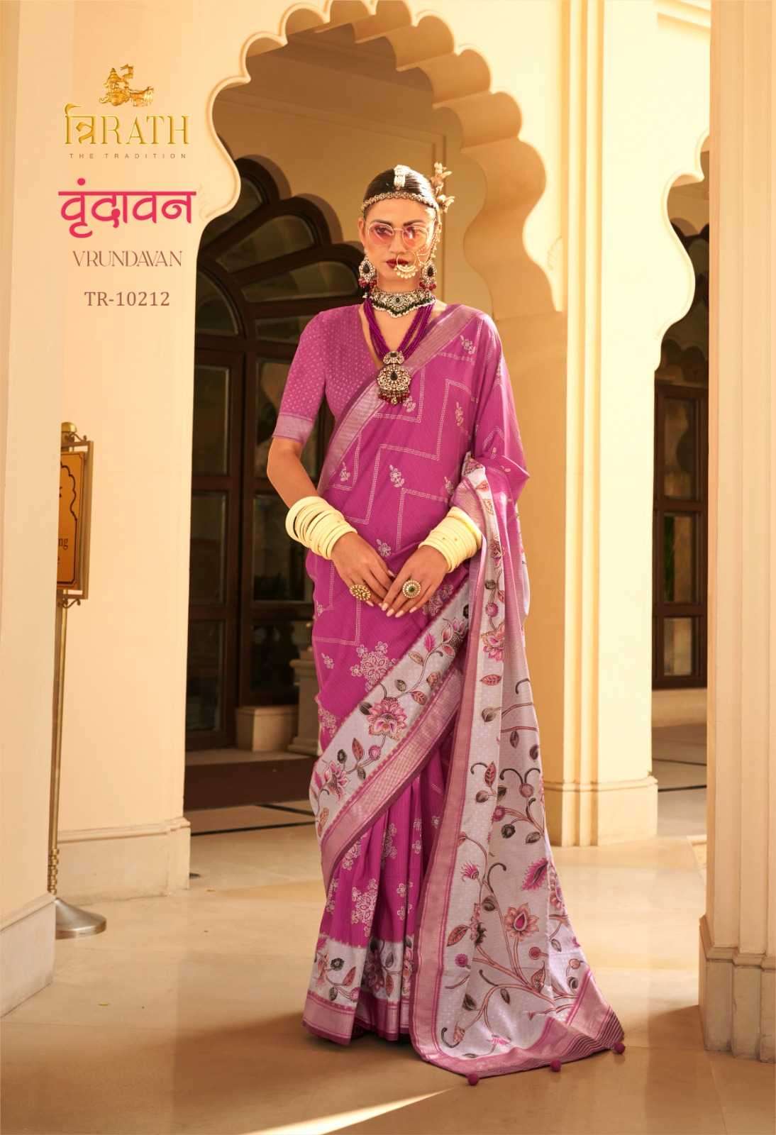 TRIRATH PRESENTS VRUNDAVAN  FLORAL PRINTED 3 COLOUR MATCHING SILK SAREES CATALOG WHOLESALER AND EXPORTER 
