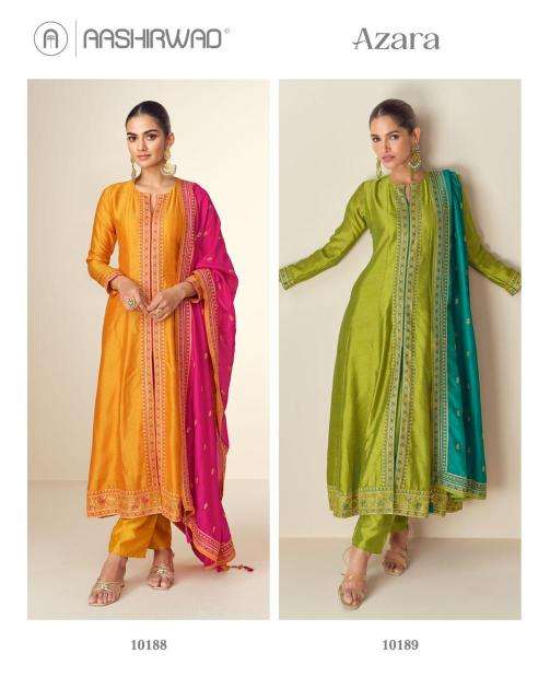 AASHIRWAD CREATION PRESENTS AZARA SILK READYMADE EXCLUSIVE DESIGN 3PCS DRESS CATALOG WHOLESALER AND EXPORTER 