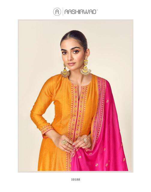 AASHIRWAD CREATION PRESENTS AZARA SILK READYMADE EXCLUSIVE DESIGN 3PCS DRESS CATALOG WHOLESALER AND EXPORTER 
