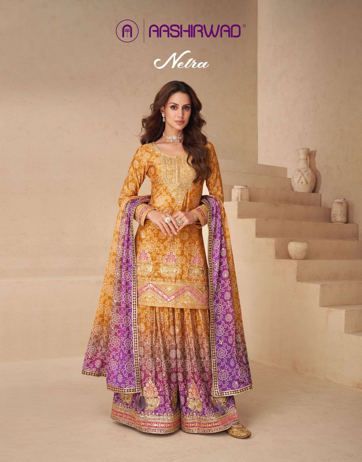 ASHIRWAD PRESENTS NETRA CHINON SILK OCCASION WEAR FULL STITCH PLAZZO STYLE 3PCS SALWAR SUITS CATALOG WHOLESALER AND EXPORTER 
