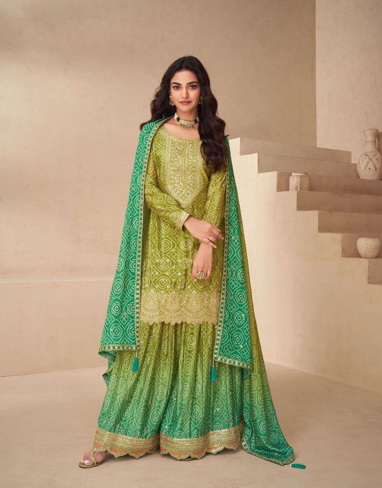 ASHIRWAD PRESENTS NETRA CHINON SILK OCCASION WEAR FULL STITCH PLAZZO STYLE 3PCS SALWAR SUITS CATALOG WHOLESALER AND EXPORTER 