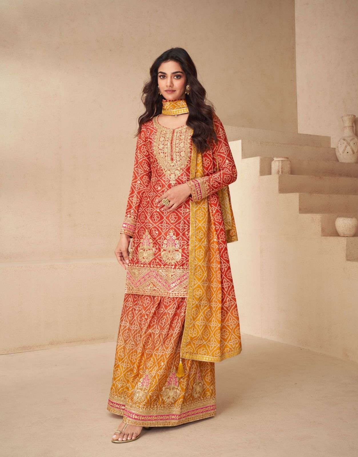 ASHIRWAD PRESENTS NETRA CHINON SILK OCCASION WEAR FULL STITCH PLAZZO STYLE 3PCS SALWAR SUITS CATALOG WHOLESALER AND EXPORTER 