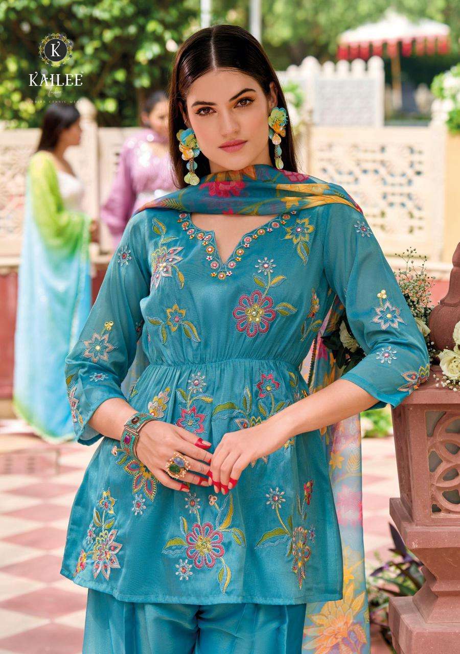 KAILEE FASHION PRESENTS SINJHAR READYMADE VISCOSE SIMMER PARTY WEAR PLAZZO STYLES 3PCS DRESS CATALOG WHOLESALER AND EXPORTER 