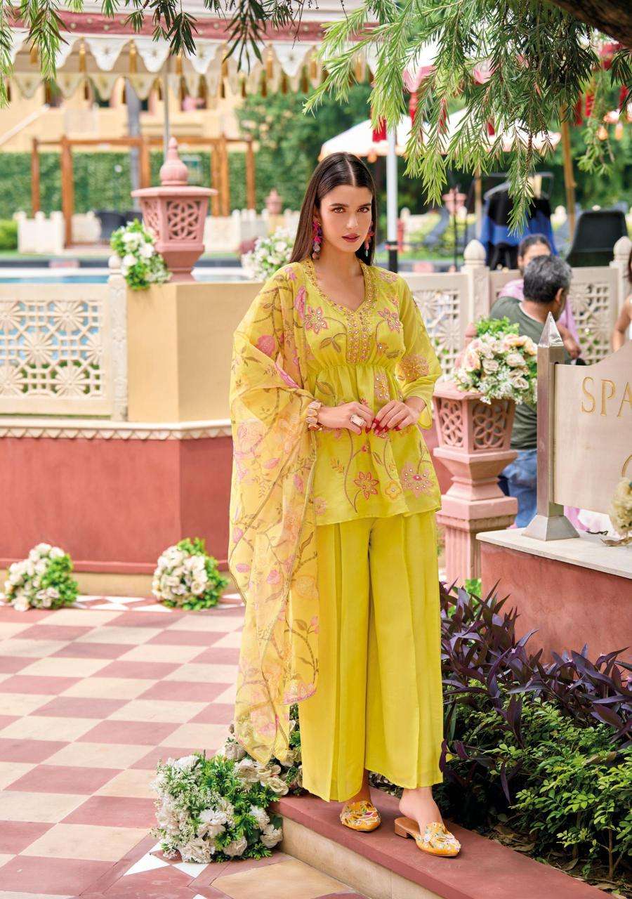 KAILEE FASHION PRESENTS SINJHAR READYMADE VISCOSE SIMMER PARTY WEAR PLAZZO STYLES 3PCS DRESS CATALOG WHOLESALER AND EXPORTER 