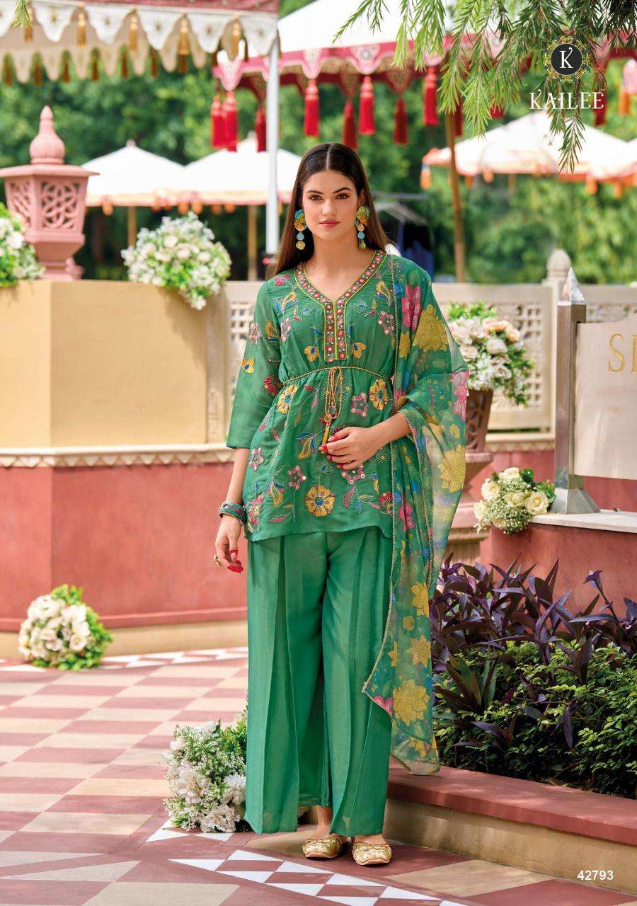 KAILEE FASHION PRESENTS SINJHAR READYMADE VISCOSE SIMMER PARTY WEAR PLAZZO STYLES 3PCS DRESS CATALOG WHOLESALER AND EXPORTER 