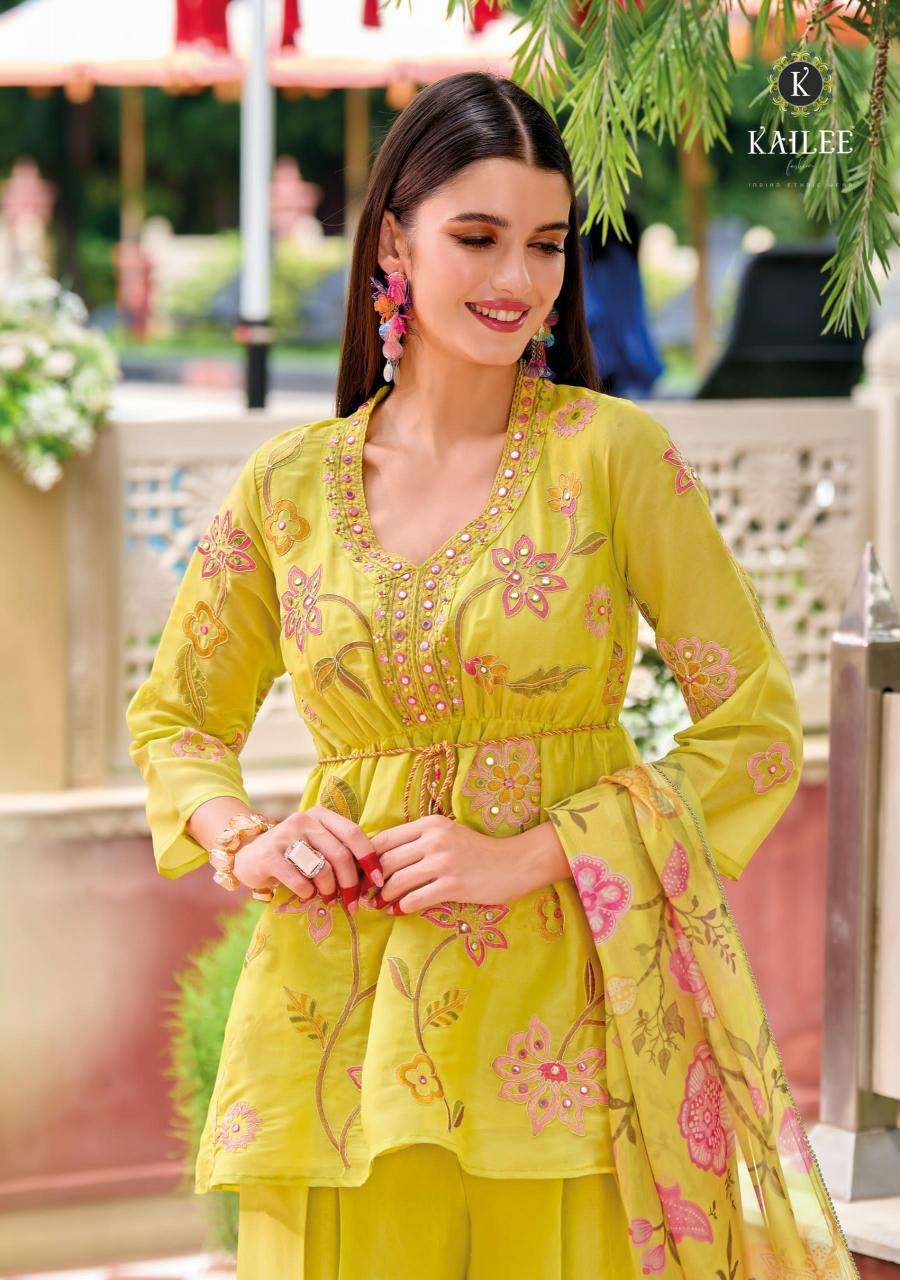 KAILEE FASHION PRESENTS SINJHAR READYMADE VISCOSE SIMMER PARTY WEAR PLAZZO STYLES 3PCS DRESS CATALOG WHOLESALER AND EXPORTER 